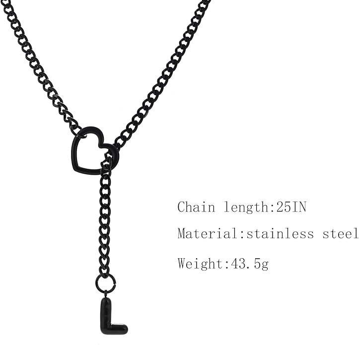 Black Heart Slip Chain Initial Necklaces for Women,Stainless Steel O-Ring Adjustable Lariat Heart Y-Necklace,Punk Gothic Cuban Collar Choker Necklace for women