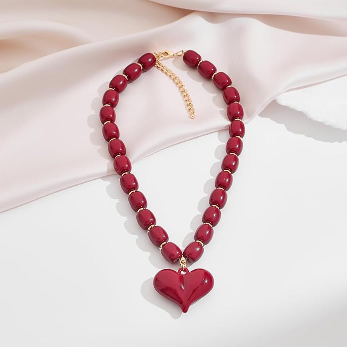 Large Acrylic Heart Necklaces for Women Chunky Puffy Heart Pendant Necklace Exaggerated Statement Love Beaded Choker Necklace Jewelry