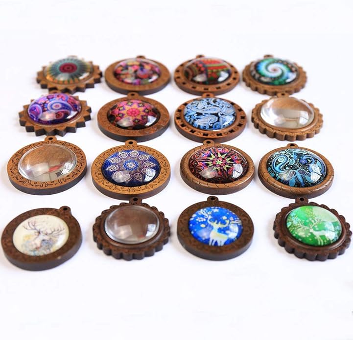ToBeIT Bezel Pendant Trays Round Wooden and Glass Cabochon Round Clear Dome for DIY Crafting Photo Jewelry Making