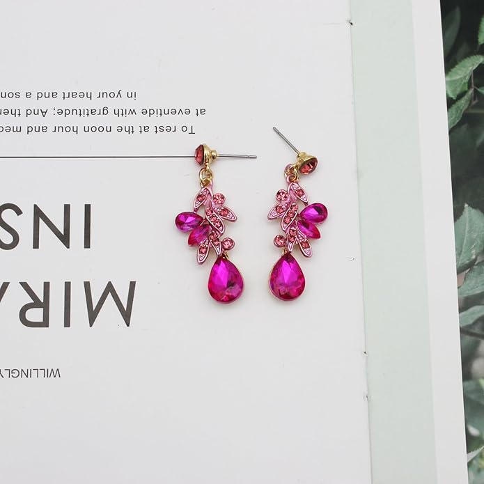 Wedding Leaf Flower Crystal Teardrop Pendant Necklace Dangle Earrings Stretch Bracelet Jewelry Set for Women Bridal Party Prom