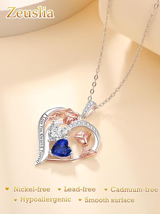 Valentine's Day Gifts for Wife 925 Sterling Silver Double Birthstone Pendant Necklaces I Love You for Always and Forever Necklace Anniversary Birthday Gifts for Wife Girlfriend Mom Her