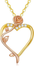 14K Solid Gold Rose Flower/Sunflower Necklaces for Women Flower Heart Pendant Necklace Love Sunshine Jewelry Anniversary Valentine's Day Birthday GiftS for Women Wife Girlfriend Her Mom