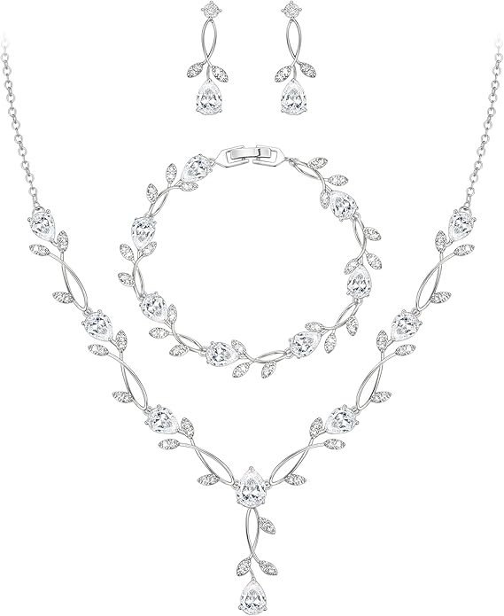 EVER FAITH Bridal Cubic Zirconia Jewelry Sets for Women, White Simulated Pearl Leaf Vine Pendant Wedding Party Necklace Earrings Set for Bridesmaid Bride