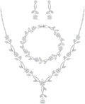EVER FAITH Bridal Cubic Zirconia Jewelry Sets for Women, White Simulated Pearl Leaf Vine Pendant Wedding Party Necklace Earrings Set for Bridesmaid Bride