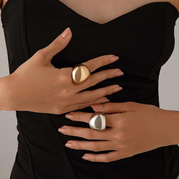 MIFYNN Chunky Gold Rings for Women Gold Silver Adjustable Thick Ring Fashion Statement Ring Open Dome Ring Chunky Silver Rings Geometric Curved Minimalist Simple Rings