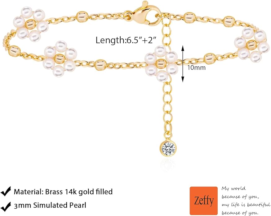 Zeffy Gold Pearl Beaded Bracelet for Women, 14K Gold Plated Jewelry Set With Paperclip Link Chain, Trendy Stack Bracelets