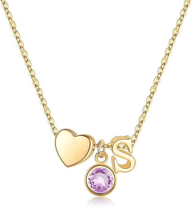 Ursilver Initial Birthstone Necklace for Women - Heart Initial Birthstone Pendant Necklace Personalized Gifts Birthday Gifts for Women