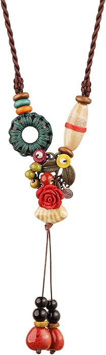 MINACHI Boho Hippie Colorful Ceramic Beads Strand O Ring Circle Charm Long Y Necklace, Vintage Bohemian Statement Jewelry Gift for Women