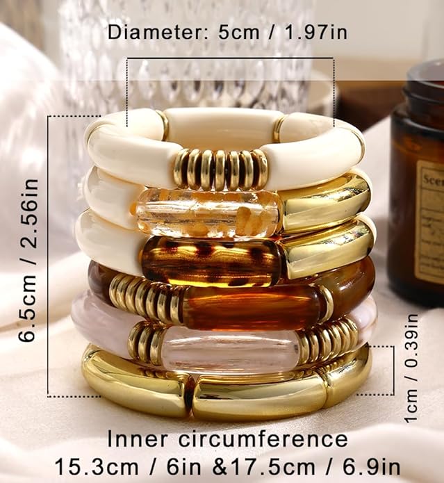 iF YOU 6pcs Chunky Acrylic Bangle Bracelets for Women, Resin Bamboo Brown Stretchy Bracelet Stack, Fashion Jewelry for Women
