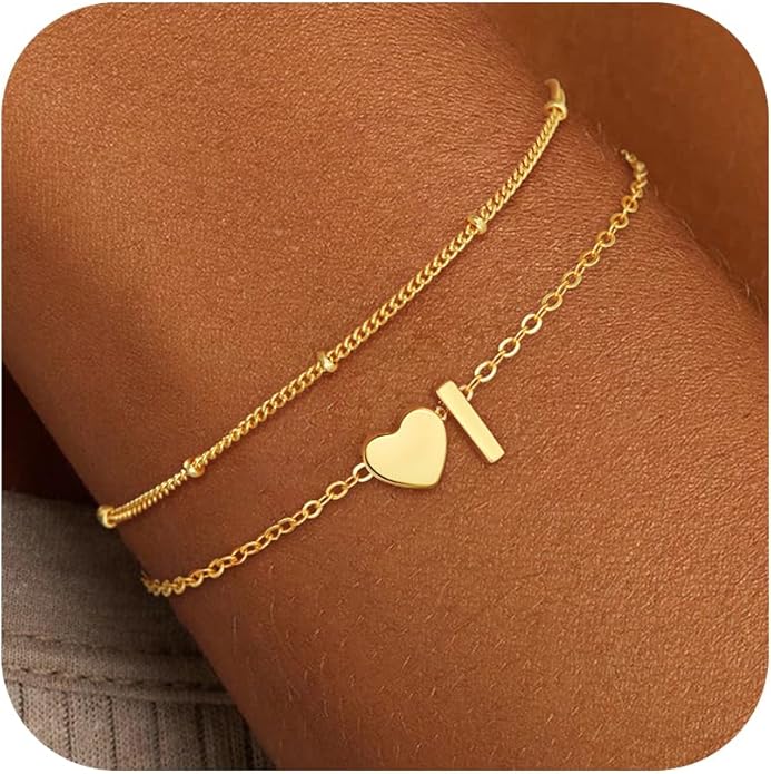 Valentines Day Gifts for Kids Women Girls, 14K Gold Plated Heart Initial Bracelet Teen Girl Gifts Trendy Stuff Dainty Gold Bracelets for Women Girls Valentines Day Gifts