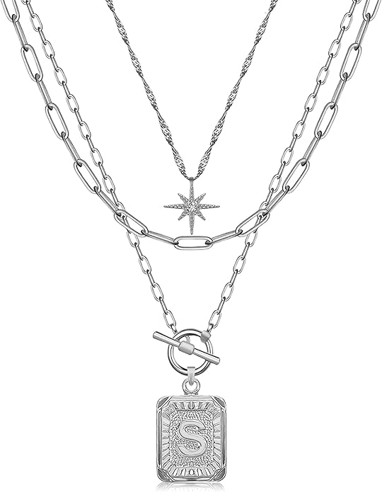 MJartoria Layered Initial Necklaces for Women Trendy, 14K Gold Plated Brass Simple Star Choker Square Letter Pendant Necklace, Paperclip Chain Necklaces Jewelry Gifts