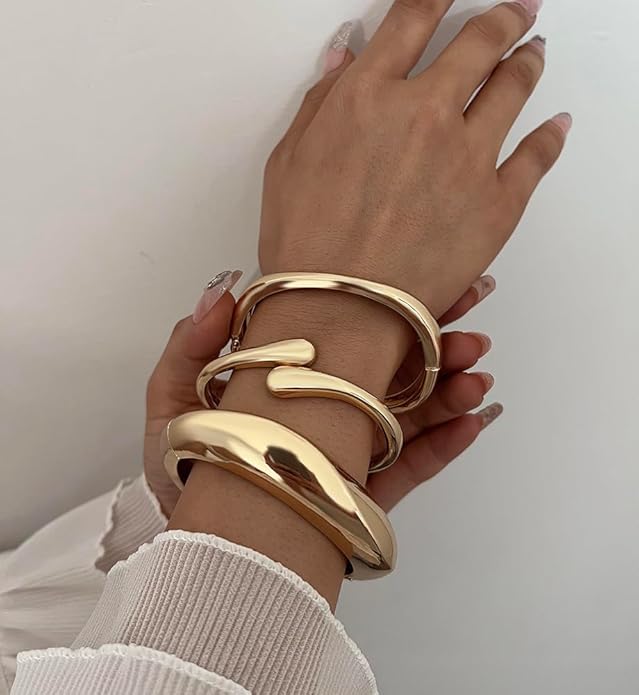 Chunky Gold Bangle Bracelets for Women, Dainty 14k Gold Plated Big Stackable Bangles Set, Trendy Statement Cuff Bracelet Stack Fashion Jewelry Gifts