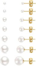 14K Gold Filled Polished Small CZ Pearl Ball Stud Earrings Set for Women Men 20G Surgical Steel Hypoallergenic Piercing Studs for Sensitive Ear, Pack of 6 Pairs
