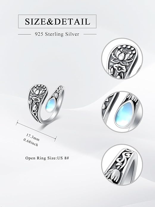 Midari Sun and Moon/Bee/Celtic/Life of Tree/Lotus Spoon Ring for Women 925 Sterling Silver Adjustable Ring Open Ring for Women Men Halloween Birthday Gift