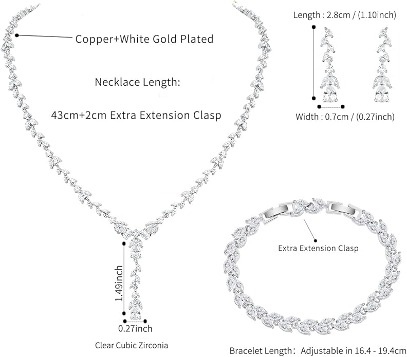 Bridal Wedding Jewelry CZ Set Marquise Teardrop Cubic Zirconia Pendant Necklace and Dangle Earring Bracelet Sets for Women