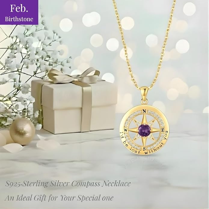 Compass Necklace for Women Wife Girlfriend Mom Daughter Gifts S925 Sterling Silver Jewelry For Anniversary Rose Gold Gifts For Birthday Christmas Mothers Valentines Day 12 Birthstones
