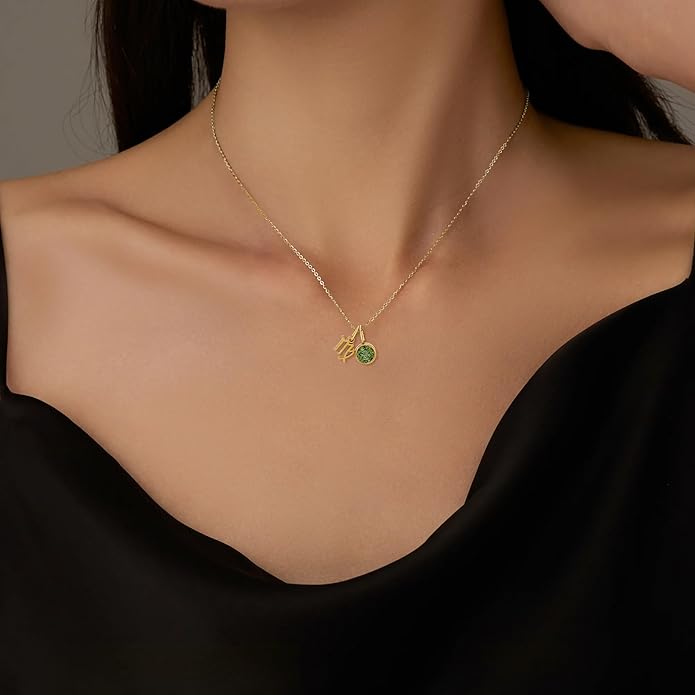 MISS RIGHT Initial Birthstone Necklace for Women - Personalized Gifts Birthday Gifts for Women Stainless Steel 18K Gold Plated Dainty Gold Zodiac Sign 12 Constellation Horoscope Necklace Jewelry