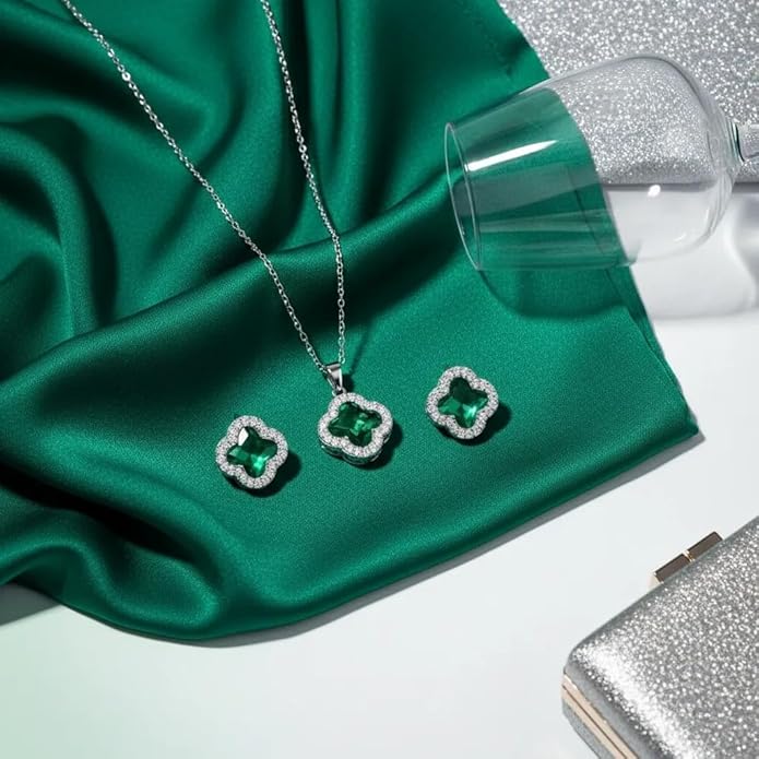 Four Leaf Clover Necklace and Earrings Set for Women, Clover Jewelry Set with Pendant Necklace and Stud Earrings, Brilliant Cubic Zirconia, Polished Metal Setting, Hypoallergenic, & Lightweight