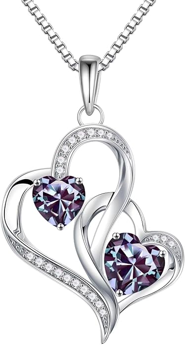 Iefil Valentines Day Gifts for Her - 925 Sterling Silver Double Birthstone Necklace, Heart Necklaces for Women, Anniversary Birthday Gifts, Personalized Jewelry Gift for Wife Mom Girlfriend
