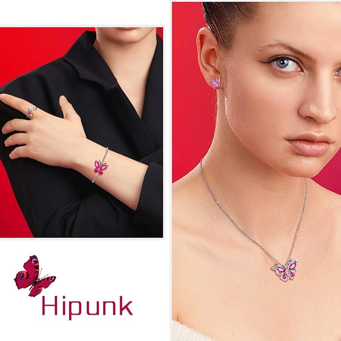 925 Sterling Silver Birthstone Butterfly Jewelry Women Crystal Animal Cute Butterflies Birthday Necklace/Earring/Ring/Bracelet Sets Birth Stone Statement Anniversary Jewellery