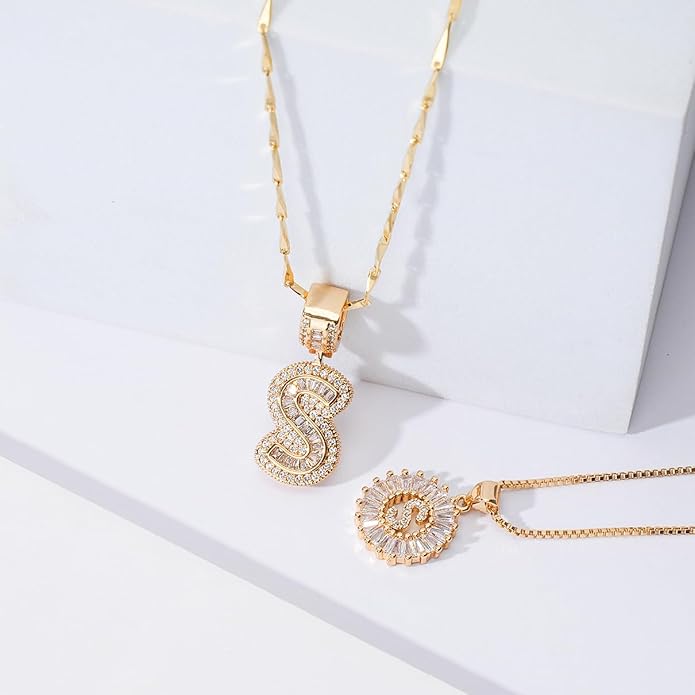 Letter Necklace 14k Gold Plated Bling Dainty Necklaces Trendy Chunky Custom Name Necklace Personalized Round Circle Pendant Zirconia Letters Name Crystal Jewelry Gifts for Women
