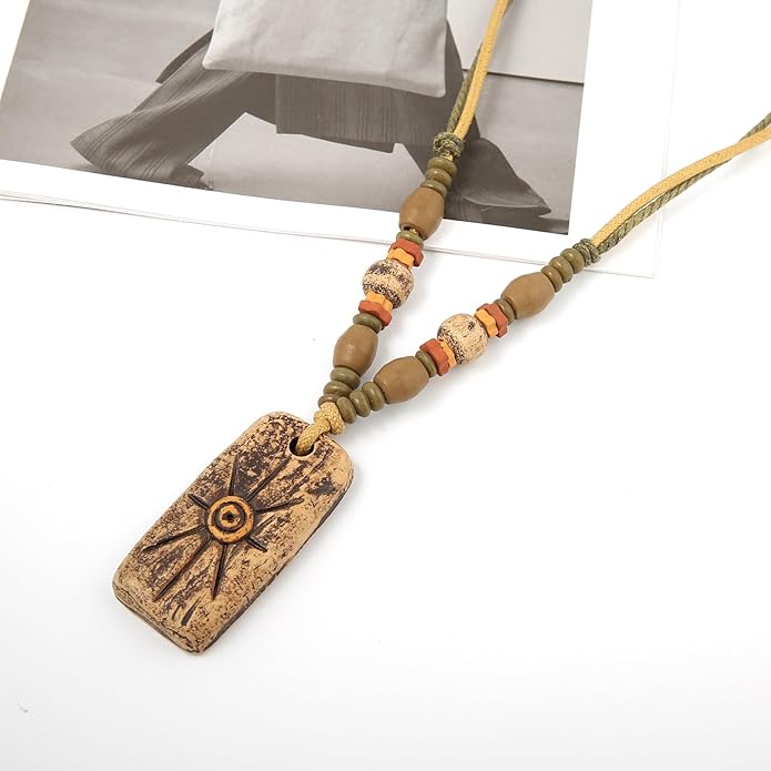 STWTR Bohemian Beaded Necklace Pendant for Women Men Retro Colorful Ceramic Pendant Handmade Ethnic Tribe Boho Jewelry Gift