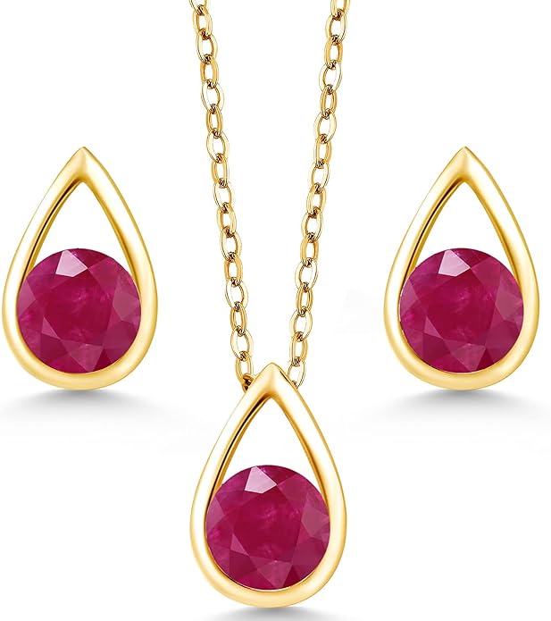 Gem Stone King 18K Yellow Gold Plated Silver 5MM Round Gemstone Birthstone Teardrop Pendant Earrings Set | Jewelry Set for Women | With 18 Inch Chain