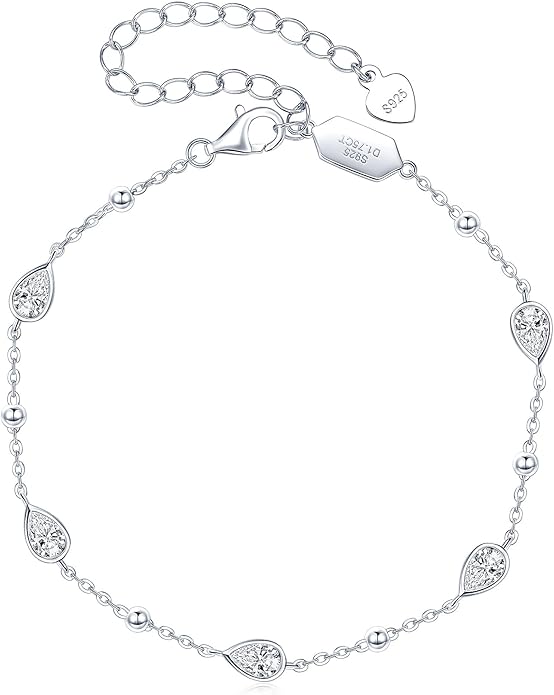 Pear Moissanite Link Bracelet, 1.75cttw D Color VVS1 925 Sterling Silver Adjustable 5-Stone Pear Bracelets for Women Mom Wife Birthday Jewelry Gifts