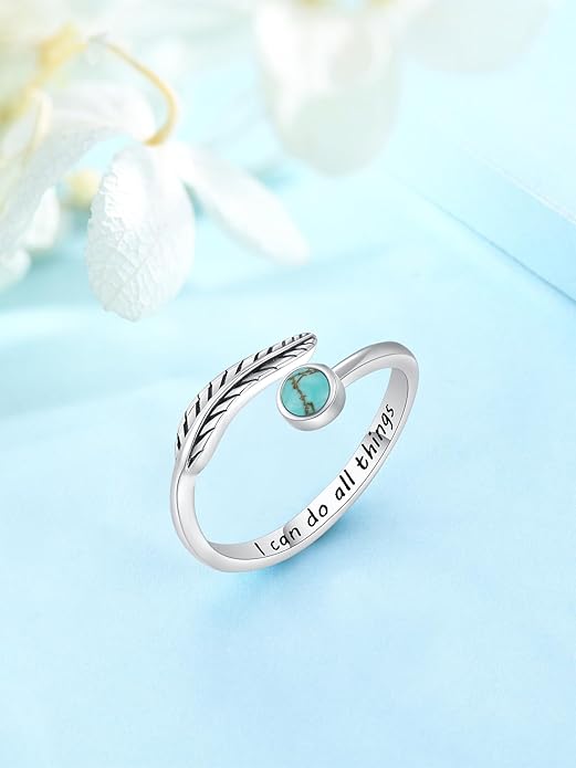 Turquoise/Moss Agate/Moonstone/Black Onyx/Lapis Lazuli/Labradorite/Tiger Eye Feather Ring 925 Sterling Silver Adjustable Ring Western Thumb Rings Vintage Jewelry Gifts for Women