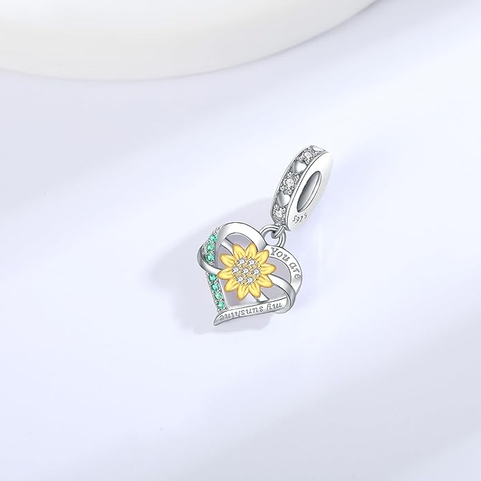 925 Sterling Silver Sunflower Charms Fit Pandora Charms Bracelet Forever In My Heart Fit Wife Mother's Day Christmas Birthday Gift