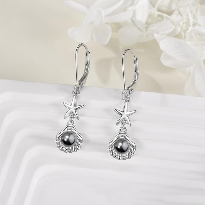 VONALA Silver/Gold Seashell Pearl Dangle Earrings 925 Sterling Silver Beach Drop Dangle Earrings Starfish Leverback Earrings Ocean Jewelry Gifts for Women