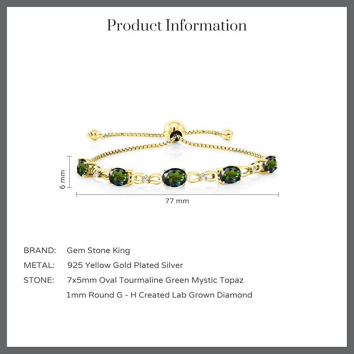 Gem Stone King 7X5MM Oval Cut Gemstone Birthstone and Accent Lab Grown Diamond Tennis Bracelet For Women In 18K Yellow Gold Plated Silver | Adjustable Bolo Bracelet For Women | Easy-On Easy-Off