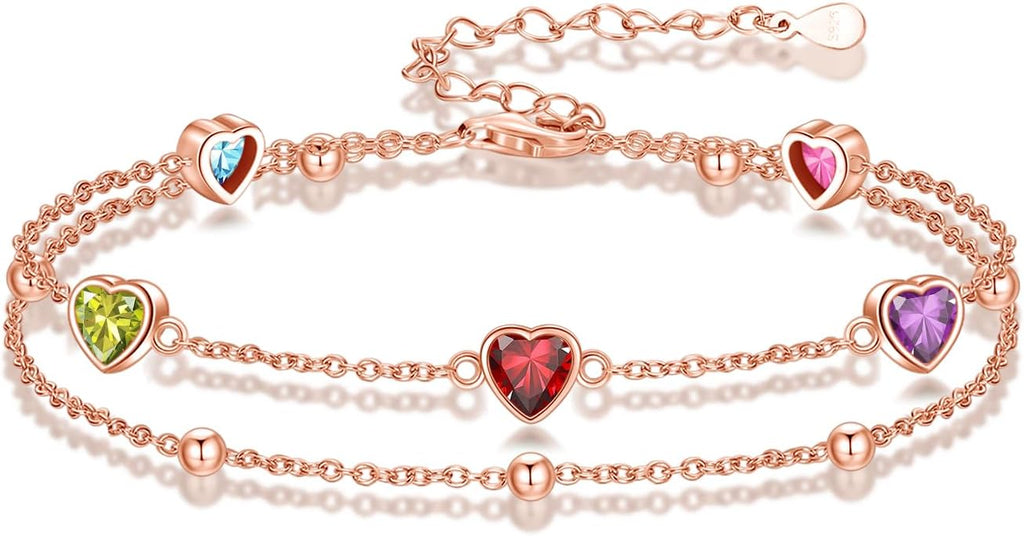 Birthstone Anklet/Bracelets for Women 925 Sterling Silver Charm Link Double Strand Heart Birthstone Jewelry Gift for Wife Women Mother's Day Gift