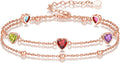 Birthstone Anklet/Bracelets for Women 925 Sterling Silver Charm Link Double Strand Heart Birthstone Jewelry Gift for Wife Women Mother's Day Gift