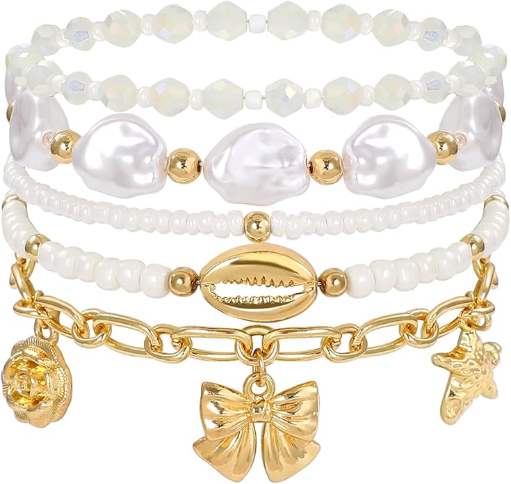 Shell Bracelet Seashell Boho Beaded Stretch Bracelets for Women Summer Beach Bracelets Starfish Charm Bracelet Stackable Gold Plated Bracelets Set for Women