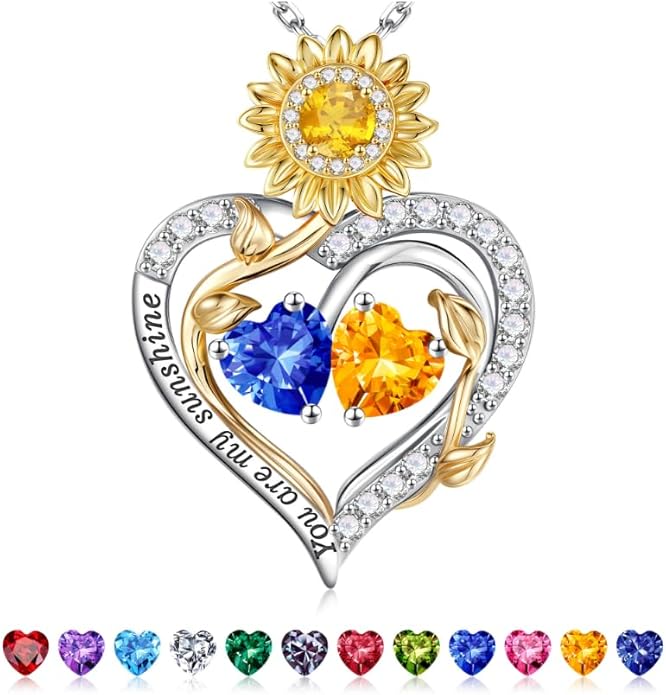 Iefil Valentines Day Gifts for Her - 925 Sterling Silver Sunflower Double Birthstone Necklace for Women, Anniversary Birthday Gifts for Wife, You Are My Sunshine Necklaces, Jewelry for Wife Mom