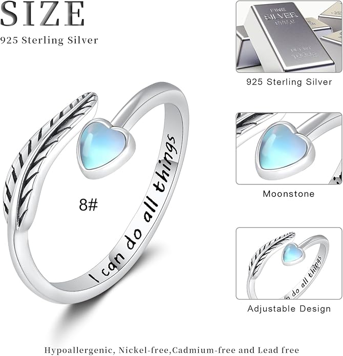 Turquoise/Moss Agate/Moonstone/Black Onyx/Lapis Lazuli/Labradorite/Tiger Eye Feather Ring 925 Sterling Silver Adjustable Ring Western Thumb Rings Vintage Jewelry Gifts for Women