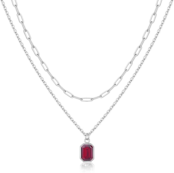 Layered Birthstone Necklace for Women Girls, 14K Gold-Plated Paperclip Chain Choker Necklace with Rectangle Birthstone Pendant Birthday Gifts for Women Girls Dainty Small
