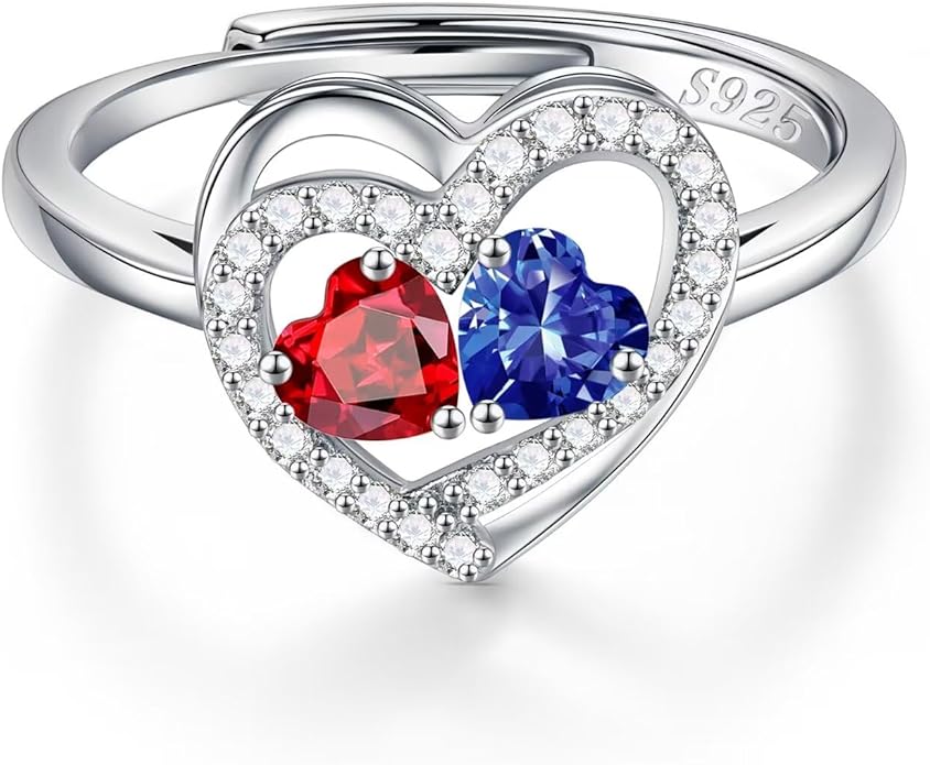 Iefil Adjustable Ring for Women - 925 Sterling Silver Double Birthstone Rings, Anniversary Birthday Gifts for Women Wife Her