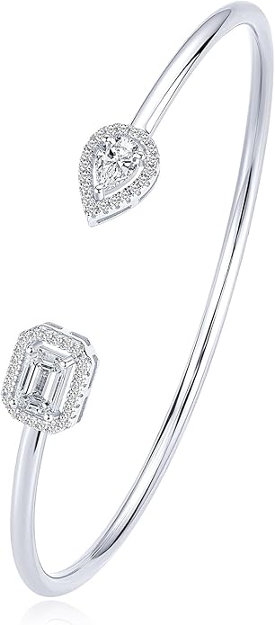 Moissanite Cuff Bangle for Women, D Color 4x6mm Emerald & Pear Moissanite, 925 Sterling Silver Dainty Bridal Cuff Bracelet, Fashion Wedding Jewelry for Her (Silver)