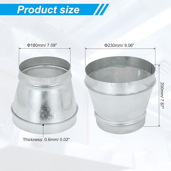 PATIKIL 9 Inch to 7 Inch Duct Reducer, Galvanized Steel Round Air Duct Reducer - Image 2