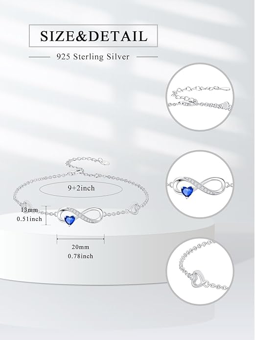 Dorunmo Infinity Heart Anklet Bracelet for Women 925 Sterling Silver Adjustable Infinity Birthstone Bracelet Friendship Jewelry Gifts for Women Birthday Christmas