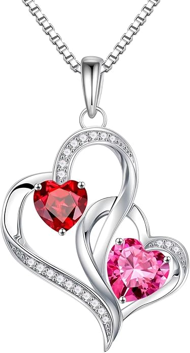 Iefil Valentines Day Gifts for Her - 925 Sterling Silver Double Birthstone Necklace, Heart Necklaces for Women, Anniversary Birthday Gifts, Personalized Jewelry Gift for Wife Mom Girlfriend