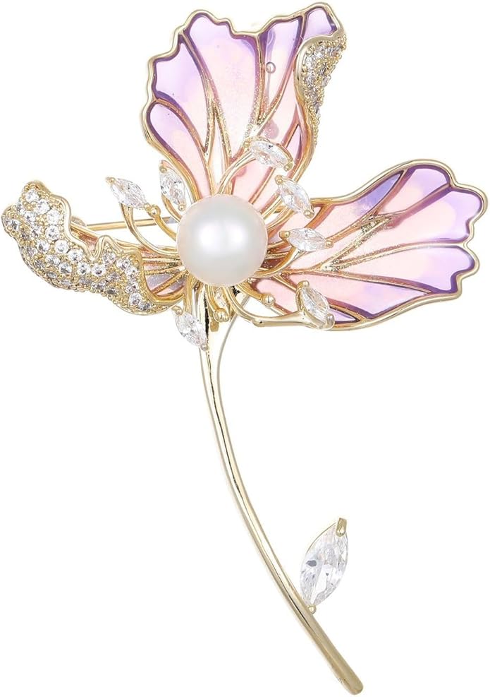 14K Gold Handmade Enamel Water Lily Brooch, Freshwater Pearl Pendant, Elegant Design for Cheongsam, Coats and Chinese Style Outfits