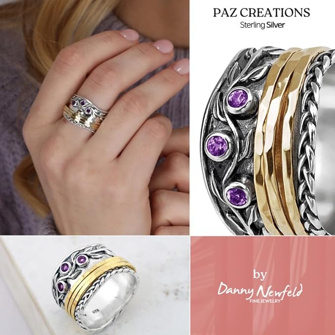 Paz Creations 925 Sterling Silver Spinner Rings for Women With Natural Gemstones - Hammered Pattern Thick Band - Handcrafted Artisan Jewelry - Fidget Rings - Gift For Her
