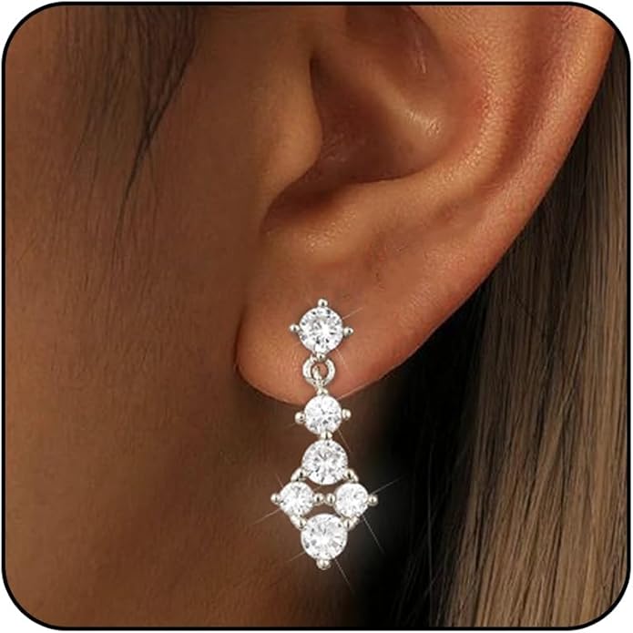 14K Gold Plated Dangle Earrings for Women Dainty Silver Drop Earring Trendy Small Long Dangling Wedding Bridesmaid Hoop Diamond Crystal Cute Earring Jewelry Valentine Gifts