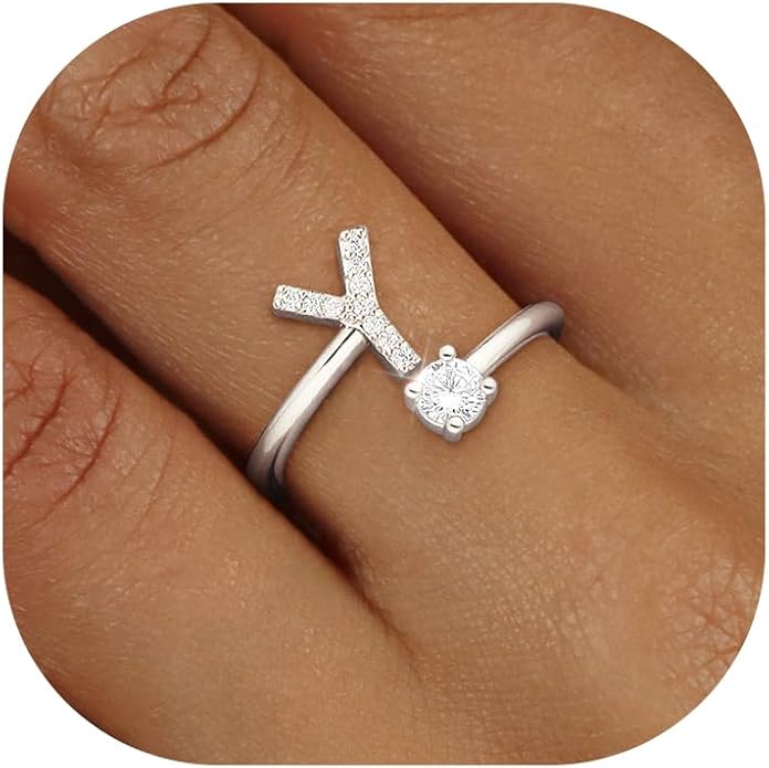 Valentines Day Gifts Gold Silver Initial Rings for Women Non Tarnish Dainty 14k Gold Plated Stackable Rings for Women Trendy Adjustable Letter Cubic Zirconia Pinky Ring Cute Open Birthday Gift Jewelry