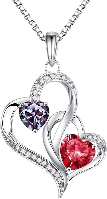 Iefil Valentines Day Gifts for Her - 925 Sterling Silver Double Birthstone Necklace, Heart Necklaces for Women, Anniversary Birthday Gifts, Personalized Jewelry Gift for Wife Mom Girlfriend