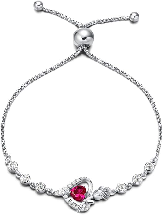 AGVANA Valentines Day Gifts Rosy Reverie Birthstone Bracelet for Women Sterling Silver Genuine or Created Gemstone Tennis Bracelet Rose Heart Jewelry Anniversary Birthday Gifts for Women Mom Wife Her