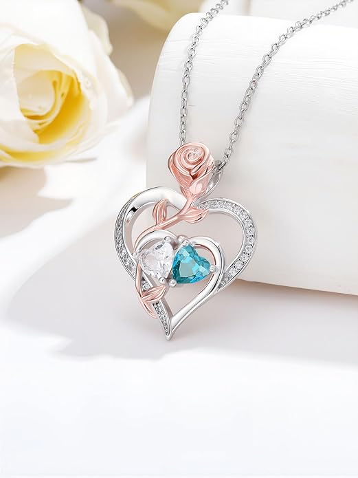 Rose Flower Heart Pendant for Women Birthday Gifts 18k Gold Plated Mother Daughter Necklace with 12 Months Birthstone Christmas Valentines Day Gifts for Her Mom Anniversarry Jewelry for Mom Wife Girlfriend